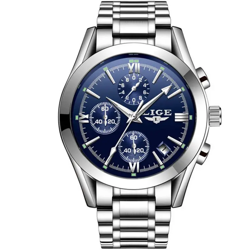 

LIGE 9839 Men Wrist Watch Luxury Chronograph Quartz Calendar Clock Waterproof Men Business Stainless Steel Watch relojes hombre