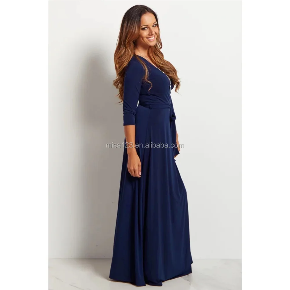 Women Solid Color Cotton One Piece Long Sleeve V Neck Dress Ladies Evening Party Long Maxi Dress 