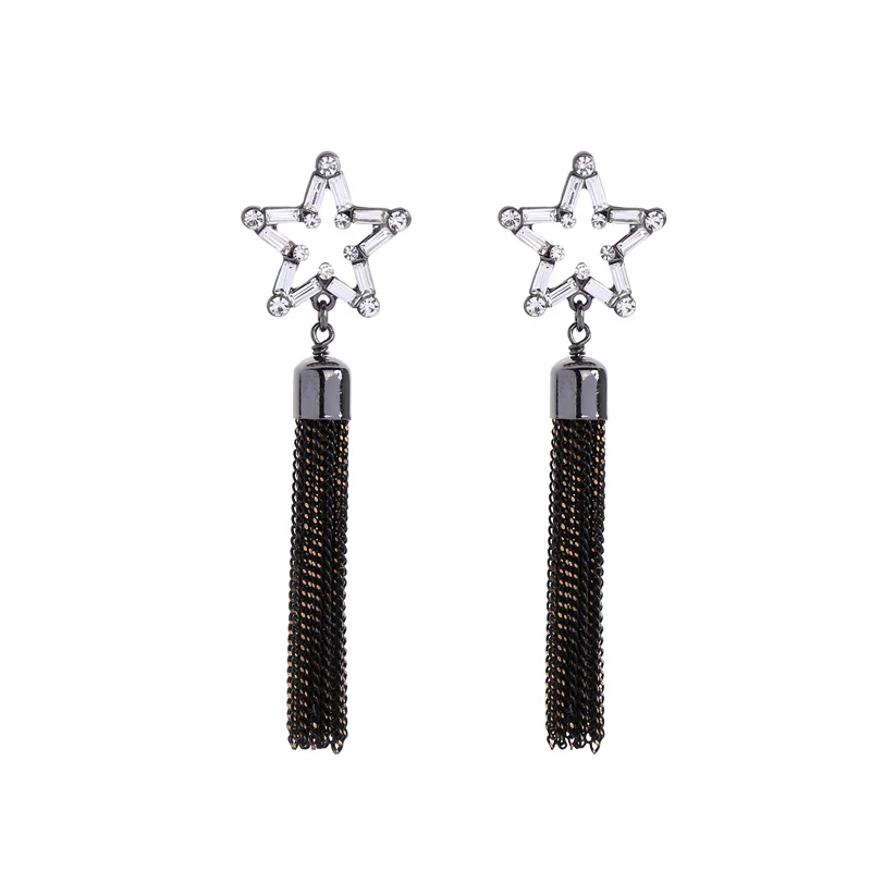 

ed02003d 925 Silver Pin Gemstone Hollow Star long Metal Chain Tassel Earring Studs Women 2021, As pictures