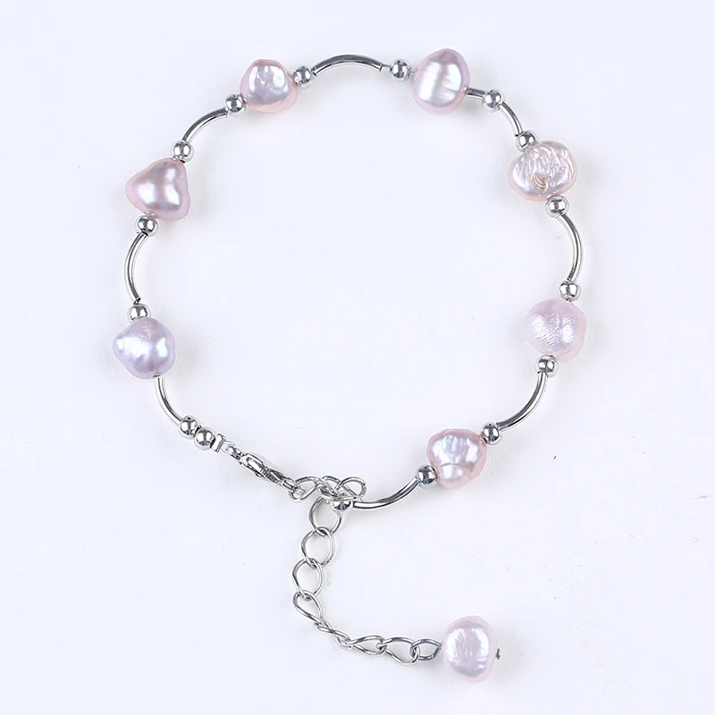 

Lustrous baroque freshwater pearl metal tube bracelet, White, black