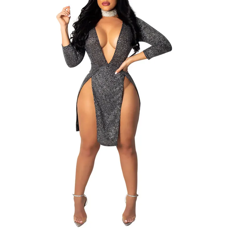 

81203-MX5 hot sexy club dress ladies clothes deep V split dress names