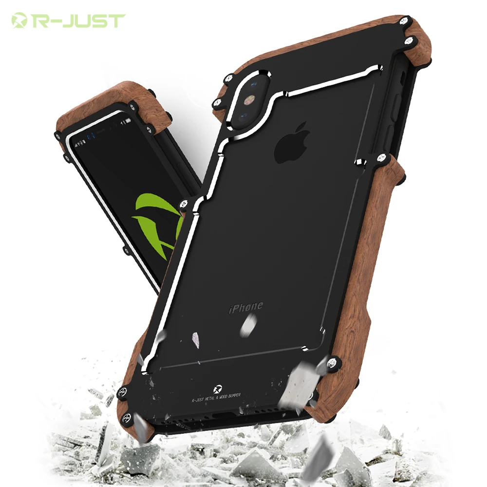 

R - just Wooden Metal Aluminum Case Armor Bumper Shockproof Phone Cover For iPhone X 5.8'' Protective Shell, Black