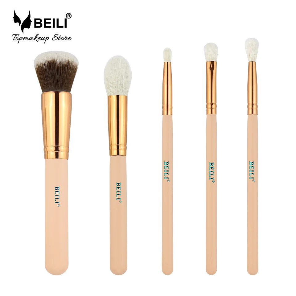 

BEILI Newly Updated Private Label 5Pcs Rose gold Cosmetic Makeup Brush Goat Synthetic Hair Powder Eye Shadow Makeup Brush set, Pink