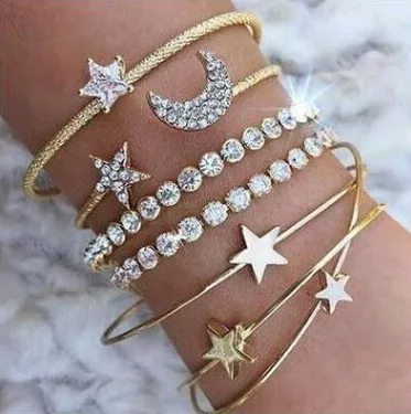 diamond star moon cuff bangle heart charm metal cuff bangle set