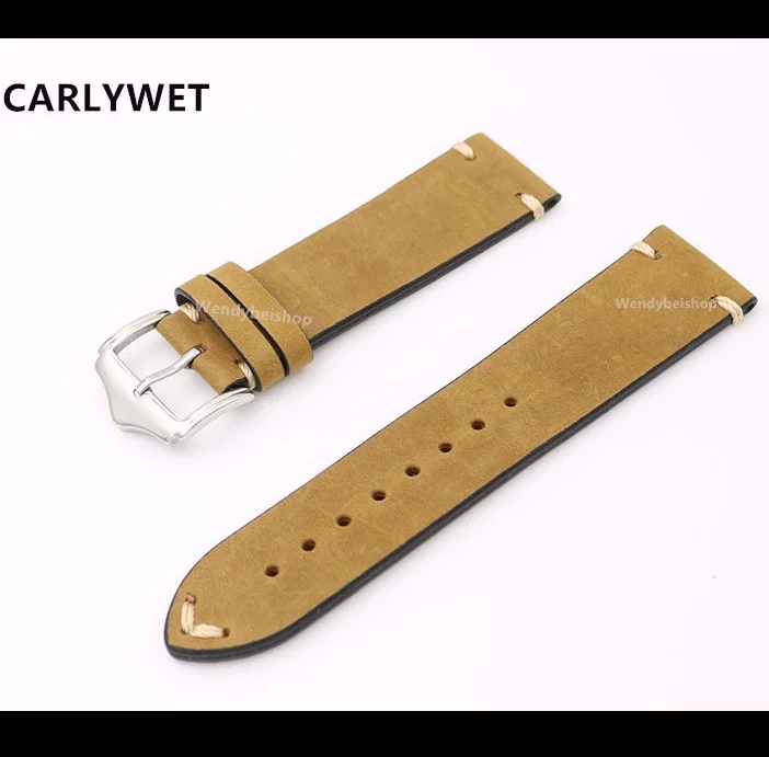 

CARLYWET 20 22mm Woman Genuine Cowhide Leather Light Brown Suede VINTAGE Wrist Watch Band Strap Belt Silver Polish Pin Buckle