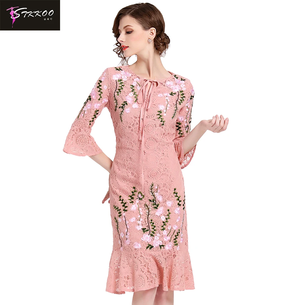 

Knee Length Fishtail Embroidery Lace Dress, Pink