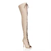 Romanesque peep toe silk fabrics lace up summer thigh high boots
