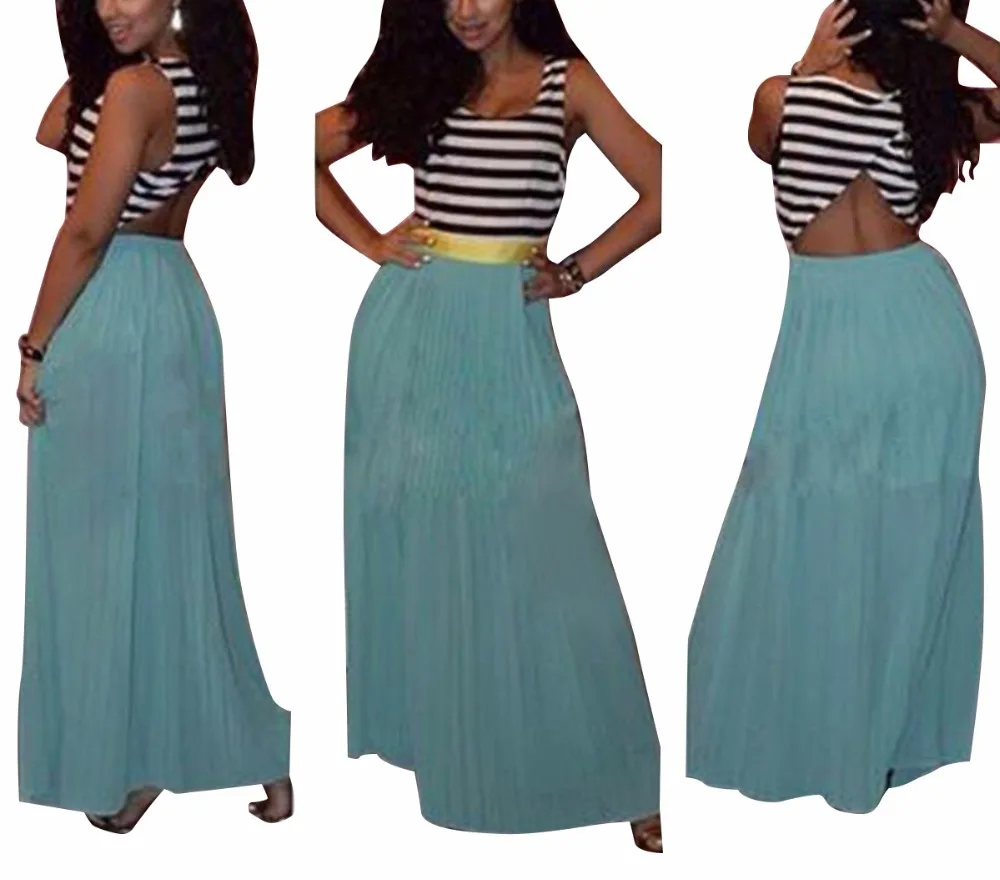 

80306-MX11 2018 Women long maxi BOHO sundress stripe patchwork summer dress