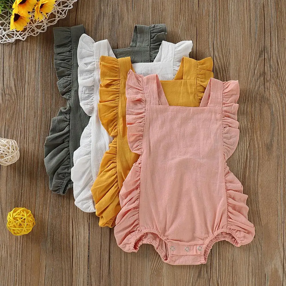

Wholesale summer Blank Onesie Baby Clothes baby ruffle cotton knitted jumpsuit Baby Linen Bubble Rompers, Pink, white, gray, ginger