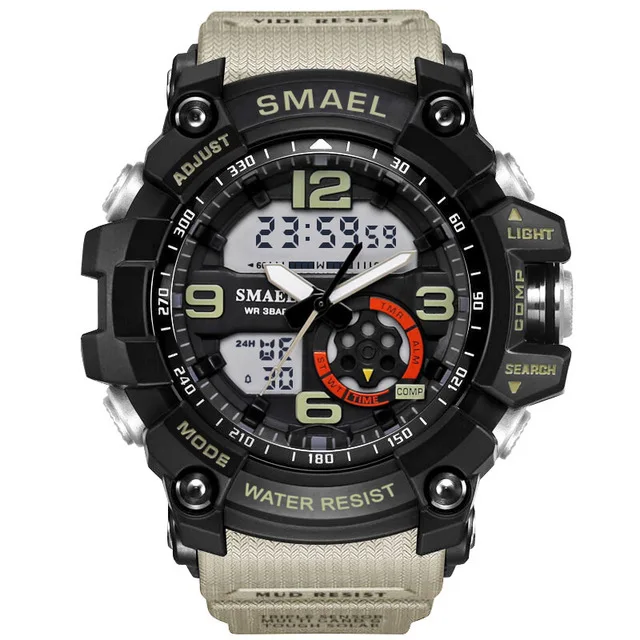 

Smael 1617 Men's Waterproof Digital Analog Digital Watches Led Military Dual Time Plastic Case Mens Watch, As picture