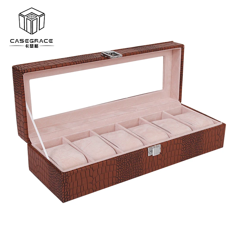 

Custom Logo 2019 Latest Travel Collection Watch Case 6 Slots Leather Watch Holder Box Clear Window Display Case Box for Watches, Red;black;brown;white