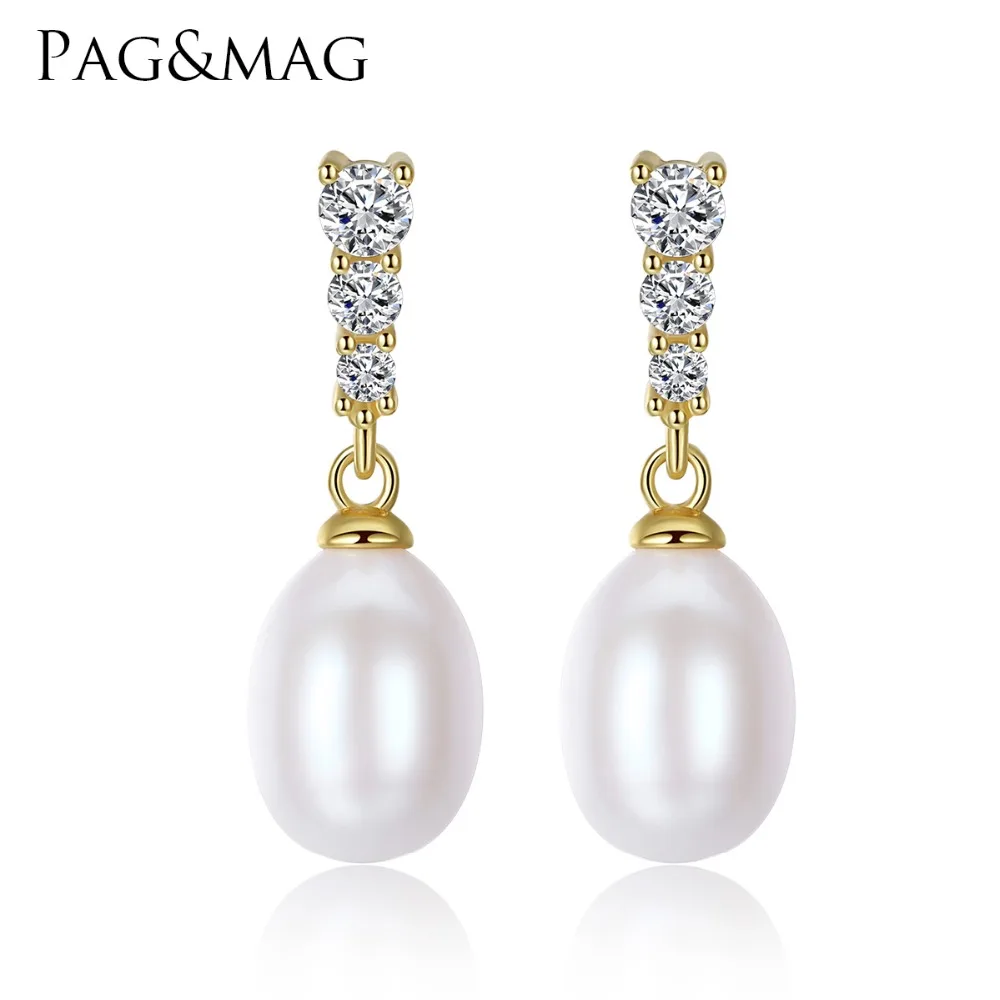 

PAG&MAG Brand Classic Small Stud Earrings Freshwater 8-9mm Natural Pearl S925 Silver Stud Fashion Earrings