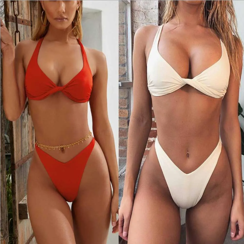 

Hot Sale Strap Bikini Split Swimsuit Solid Color Push up Swimwear, As picture