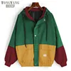 TONGYANG Winter Warm Color Block Hooded Corduroy Jacket Drawstring Hit Color Patched Pocket Thick Basic Women Coat