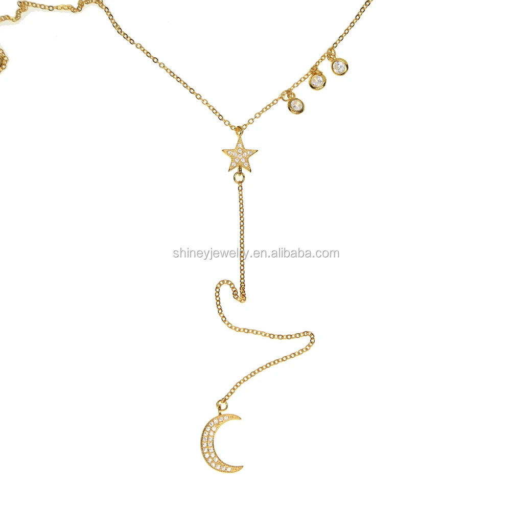 

factory custom 100% 925 sterling silver moon star charm lariat long chain gold necklace designs in 10 grams