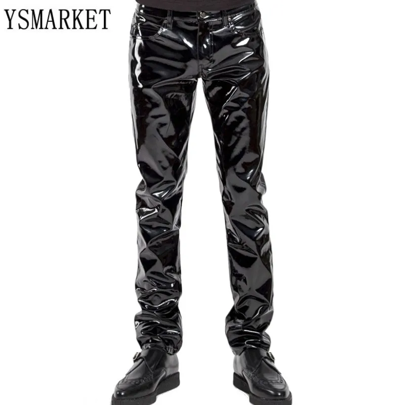 

YSMARKET S-XXL Sexy Men High Elastic PU Leather Shiny Pencil Pants Tight Glossy Punk Stage Show Wear Men Trousers E6005