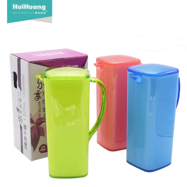 

high quality BPA free eco friendly 1.5 liter double color PS square plastic water jug plastic ice cooler water pitcher with lid, Green, tomato red, purple