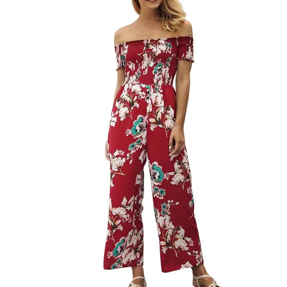

2018 Sexy off shoulder print cable wide trousers  4 color