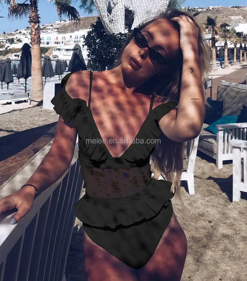 

Women High Waist Ruffle Swimwear Brazilian Bikini Lace Biquini One Piece Swimsuit Deep V Monokini trajes de ba o de las mujeres, Flower