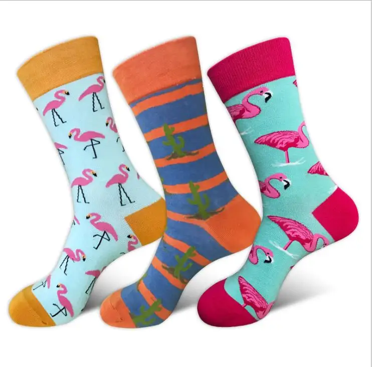 

Factory wholesale custom cotton flamingo cactus dress happy socks High Tube sock, 3color