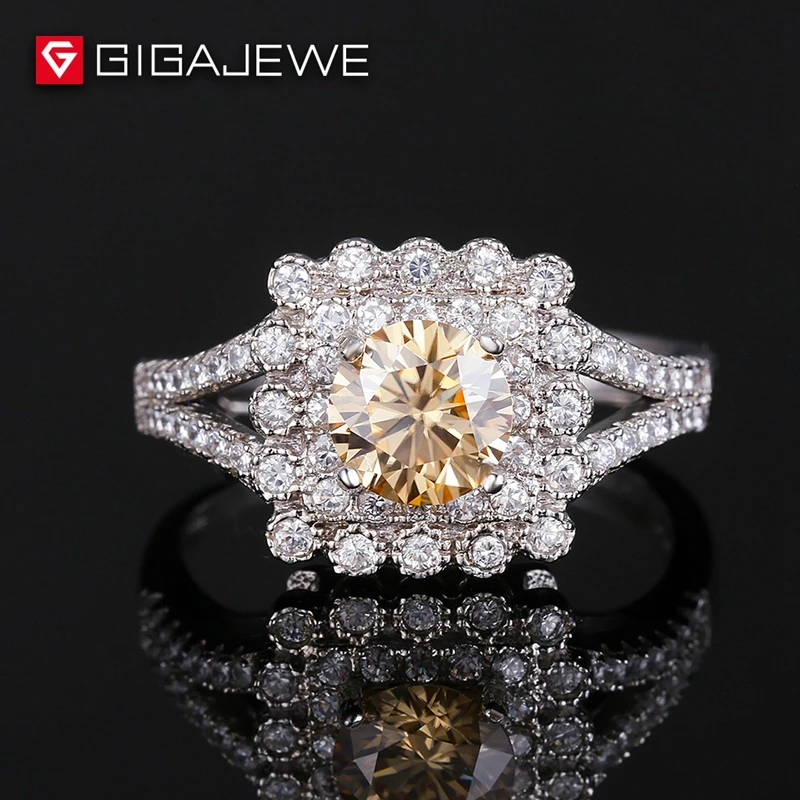 

GIGAJEWE 0.5Ct Yellow Round Cut Moissanite Halo Engagement Ring Silver Golden Color Ring for women diamond rings
