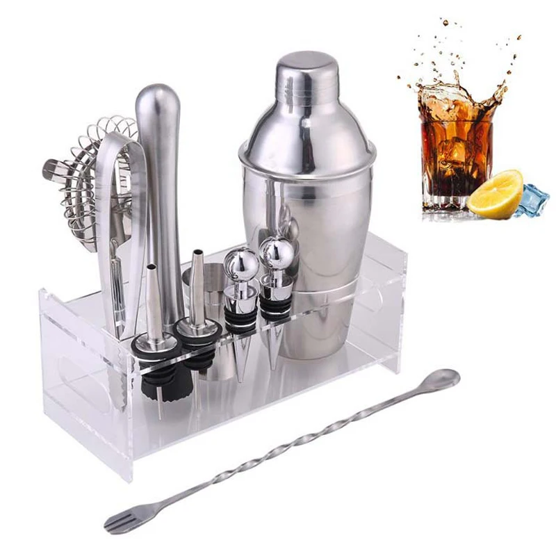 

12Pcs/Set Bar Wine Mixer Bartender Set Cocktail Hand Shaker Tool With Holder Stainless Steel Mixer Gadget Bar Sets, Silver