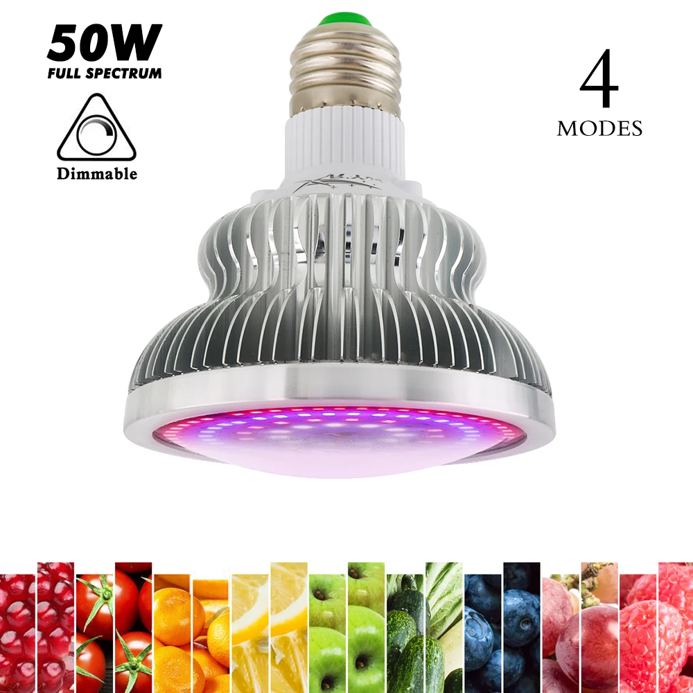 Dimmable Timing 4 Modes 50W 90W E27 LED Grow Light Bulb Full Spectrum For Plants 