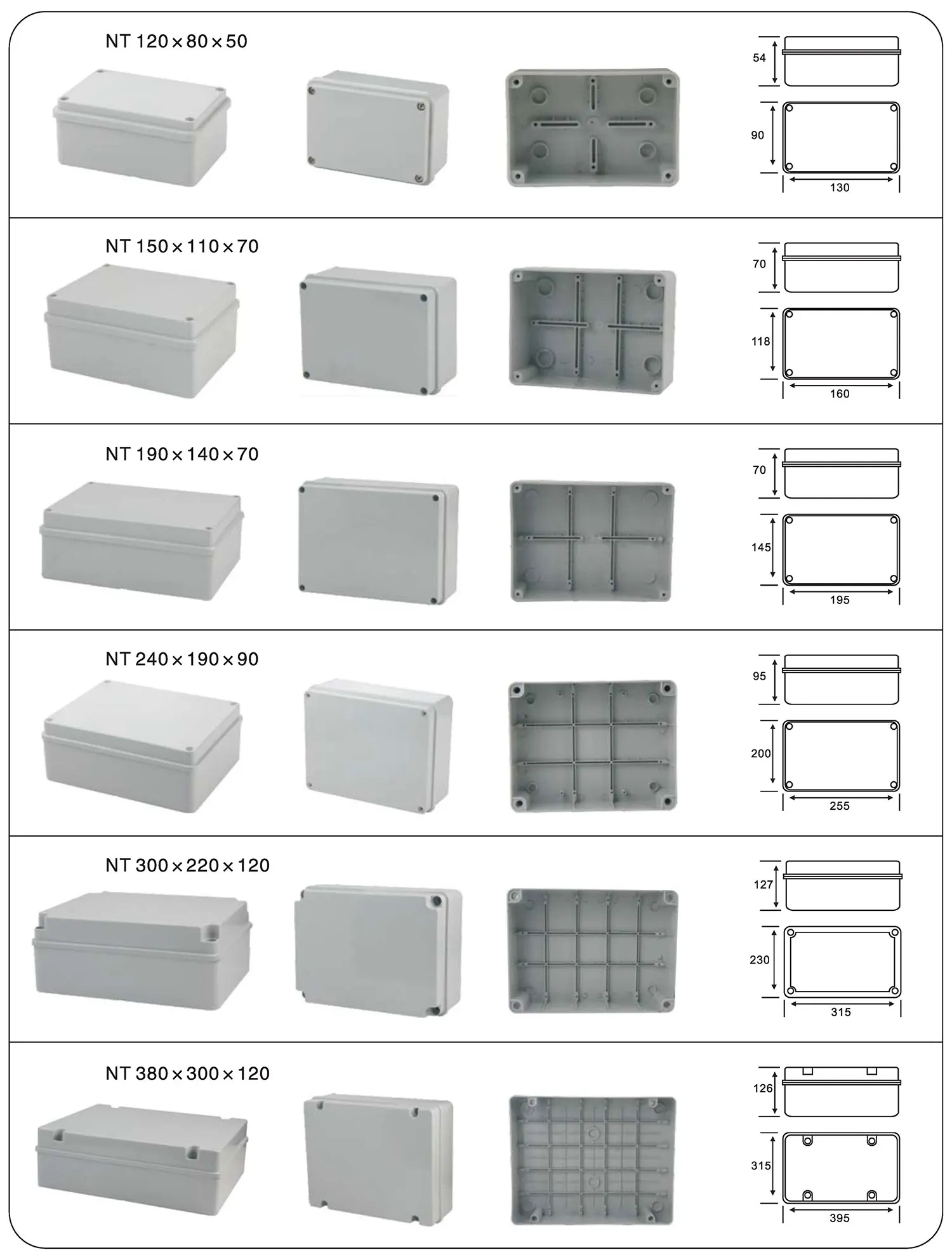 NT Series 120x80x50mm 150x110x70mm 190x140x70mm 240x190x90mm 300x220x120mm ABS material Screw type IP65 Waterproof Junction Box