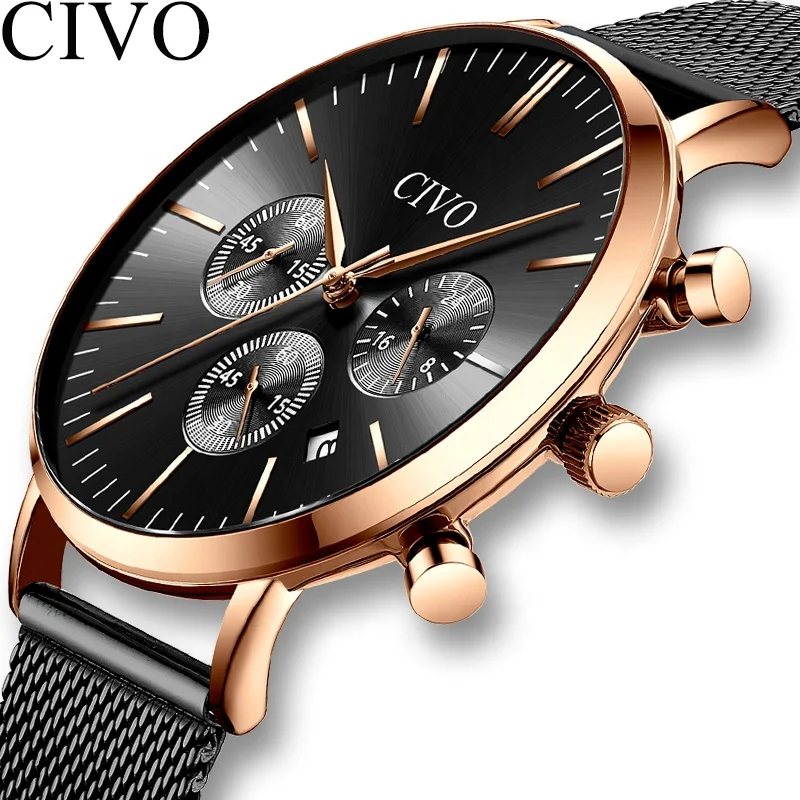 

CIVO Multifunctional WristWatch for Men Chronograph Stainless Steel Mesh Band Military Sports Gents Business Luxury Quartz Watch