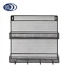 Wall Mounted Black Wire Mesh Metal 2 Shelf Multipurpose Spice Storage Organizer Rack W/ 4 Hanging Hooks