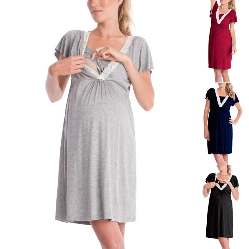 

Maternal Clothing Women's Lace Multi- Functional Breastfeeding Dress Knitting Nursing Maternity Wear US Sizing, Black,navy,blue,dark grey,red,light grey