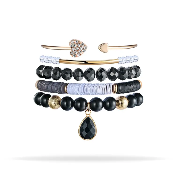 

Wholesale 5 Pcs Crystal Drop Charm Black Onyx Bead Plastic String Heart Brass Bangle Bracelet Set, Customized color