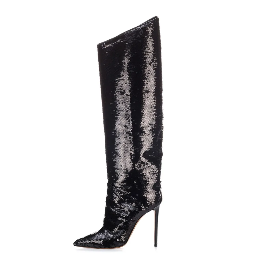 

Stylish Ladies Winter Heeled Shoes 2019 Women Sequins Stiletto Heel Long Boots Pointed Toe High Heel Black Sequin Knee Boots