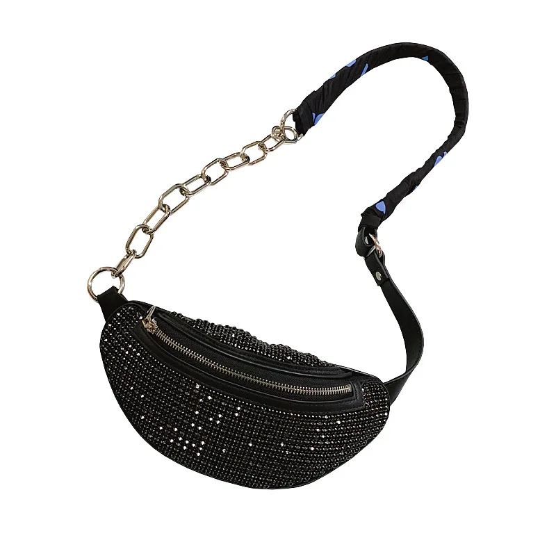 

2019 New Fashion Luxury Pack Waist Belt Bags for Women Rhinestones Genuine Leather Waist Bag, Black