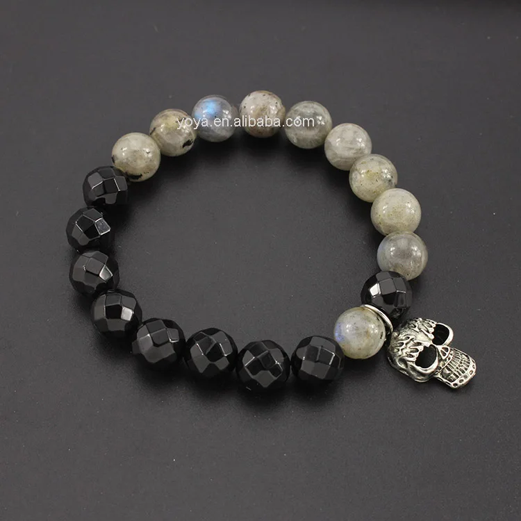 

BRA0634 labradorite black onyx beads skull bracelet for men