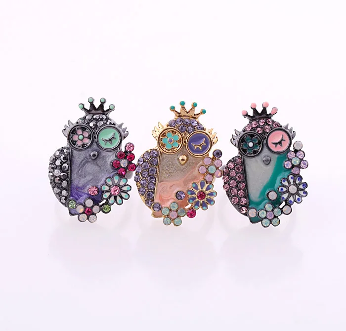 

jz0018 WISH Hot Selling Wholesale Cute Animal Crystal Rhinestone Owl Ring