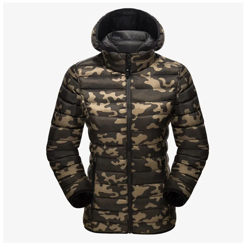 

Camouflage Printed Crane Mens Hood Custom Down Jacket Hiking for Womens, Camo printed