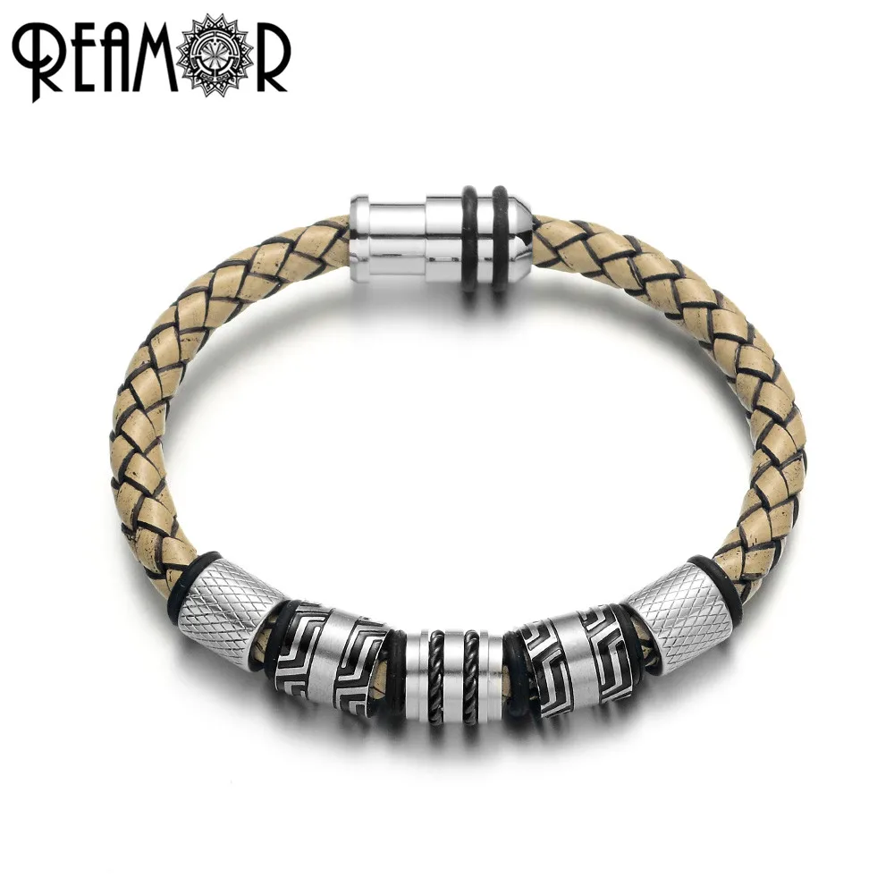 

REAMOR Men Vintage Gray Genuine Leather 316l Stainless Steel Bracelet