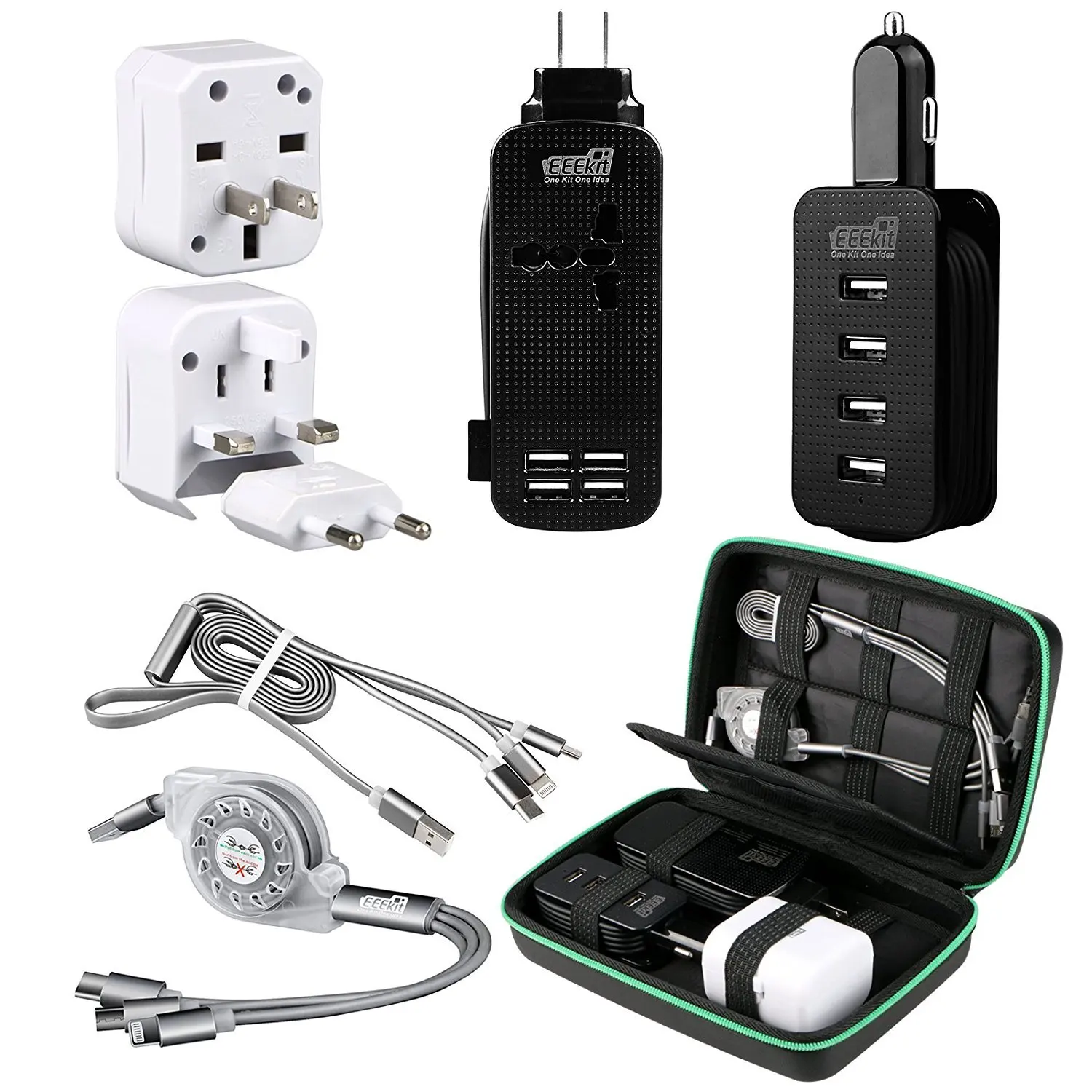 EEEKit All in One Travel Charger Kit for Smart Phones, Accessories Organizer Bag, 4-Port USB Charger+Outlet Power Strip, Car Charger, International AC Wall Outlet Adapter, Retractable USB Multi-Cable