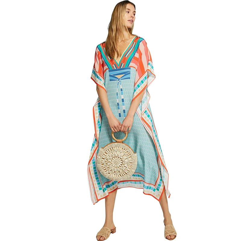 Loose Batwing Sleeve Robe Kaftan Dress Women Deep V Neck Long beach dress cover up