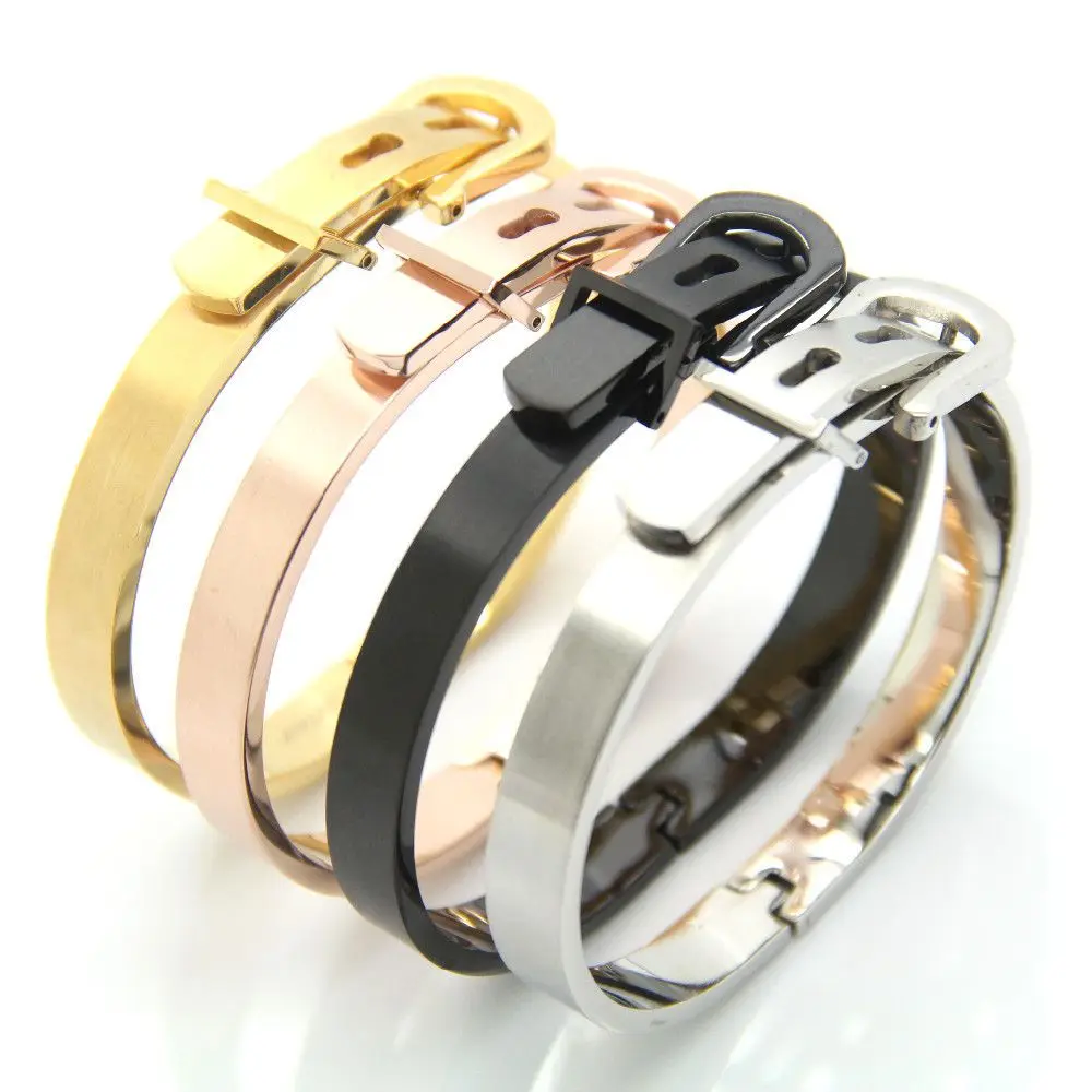 

European Anil Arjandas Stainless Steel Bangle 4 Colors Available Belt Buckle Stainless Steel Cuff Bangle For Couple, Gold;black;rose gold;silver