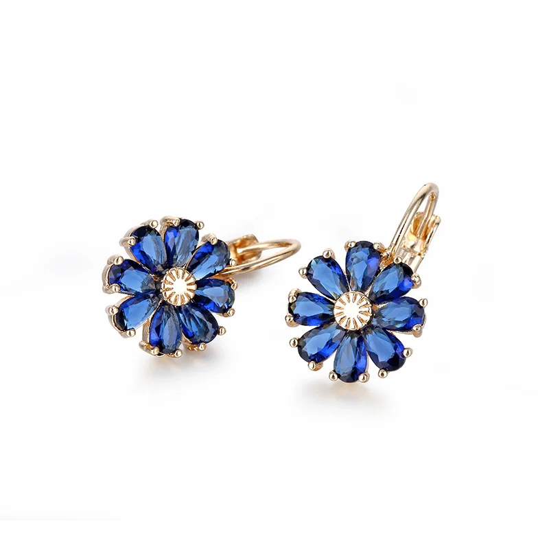 

Hainon Elegance Earrings Gold jewelry flower shiny blue/red zircon Hypoallergenic clip Earrings wholesale, Blue/red/green/white