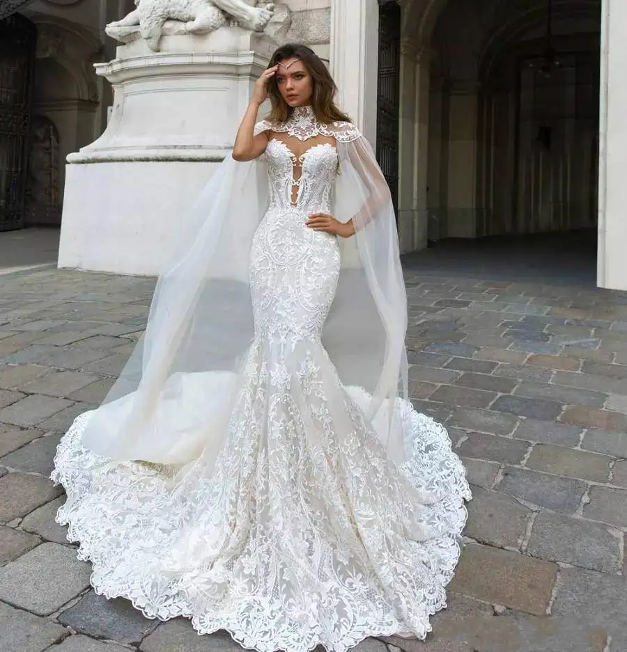 

ZH3133G Gorgeous Mermaid Lace Wedding Dresses With Cape Sheer Plunging Neck Bohemian Bridal Gown Appliqued Vestidos De Nnovia, White;ivory