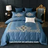 Hotel luxury golden court embroidery duvet cover bedsheets 100% cotton satin deep blue bedding set