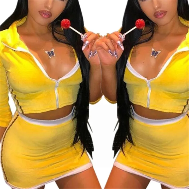 

Most popular ladies suit set solid yellow crop top and mini skirt