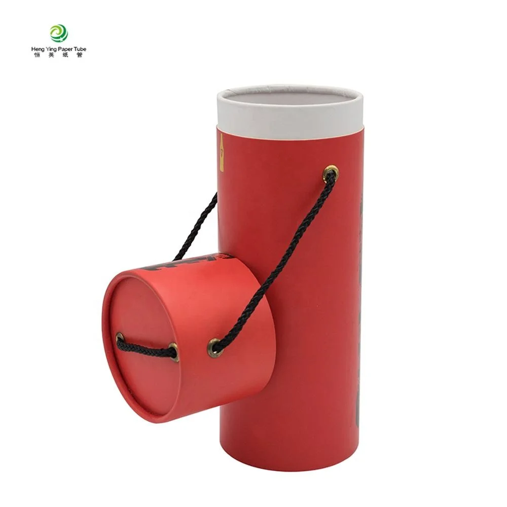 Paper Red With Rope Handle Round Tube Wine Gift Box For Bottle