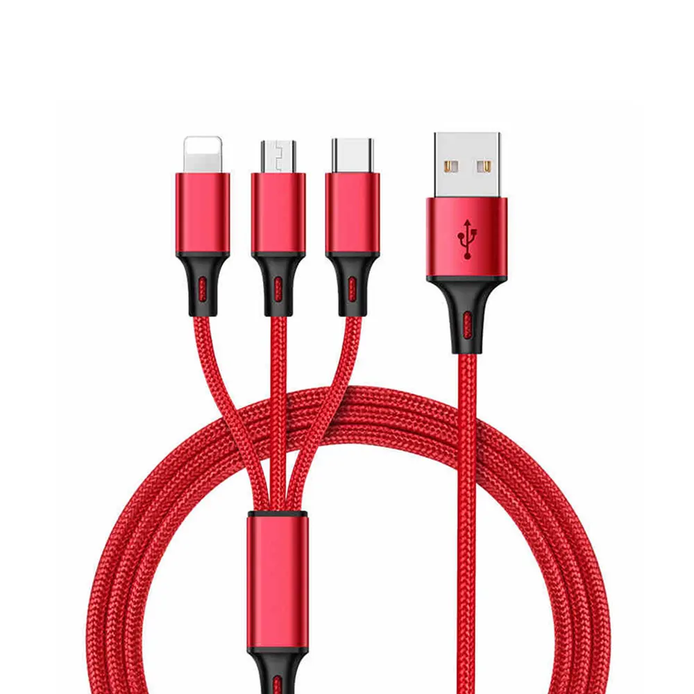 Amazon Hot Sale  Nylon Braided type-c android 8 pin 3 Head Charger 3 in 1 Multi Function Data Transfer Cable