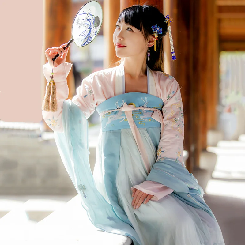 

Blue Hanfu For Women Chinese Traditional Dance Costume Embroidery Stage Outfit Oriental Performance Clothing Folk Dress DC2363, As picture