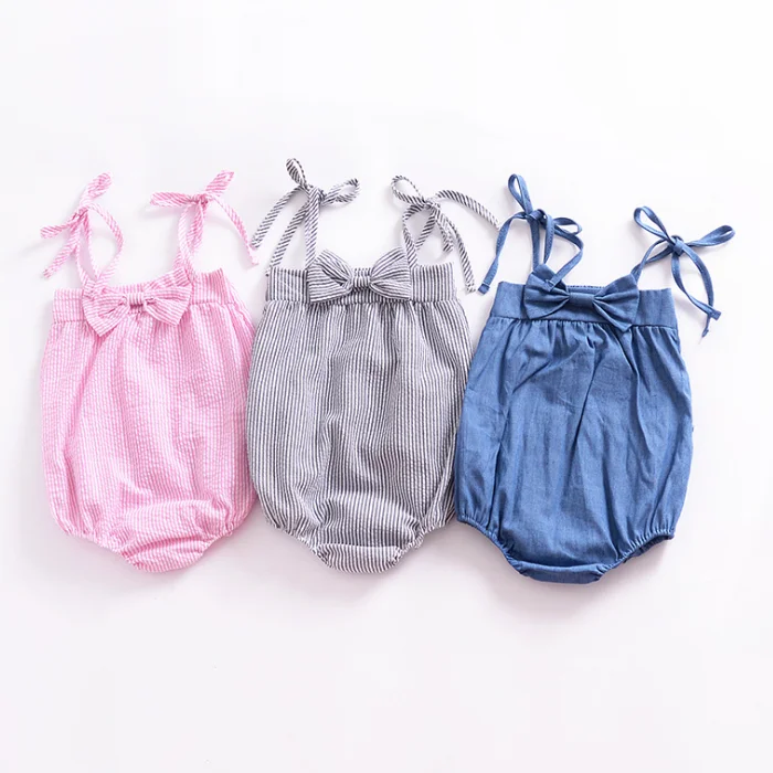 
New Bow Design Baby Clothes Little Girls Fashion Spaghetti Strap Bodysuit Baby Princess Party Romper 