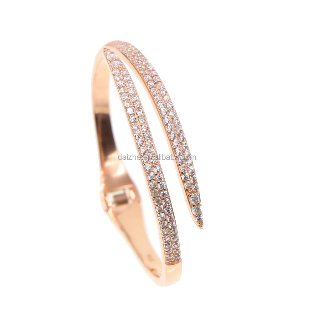 

big heavy rose gold plated with cz paved 925 sterling silver women open bangle bracelet for wedding jewelry gift